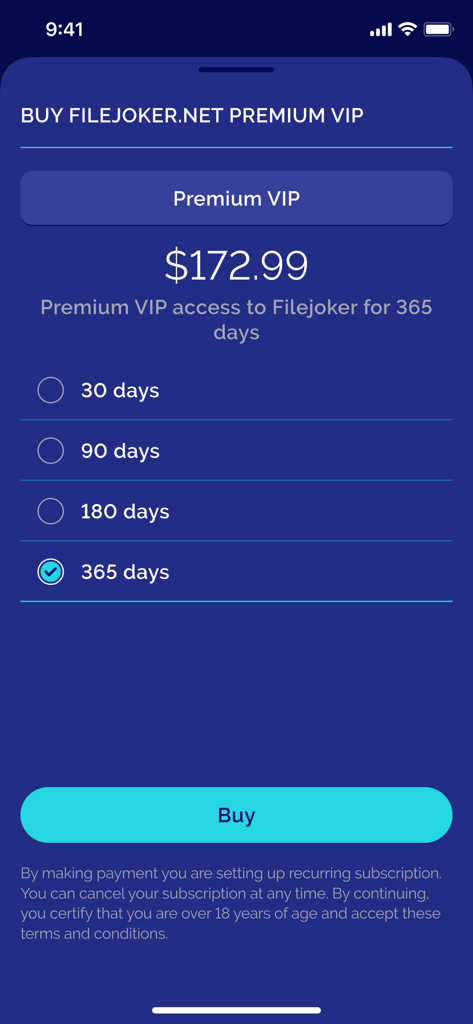 Pantalla de suscripción de la aplicación Zeus File Manager para el acceso VIP Premium de Filejoker