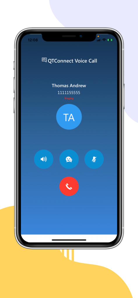 QTConnect - Smartphone screen showing a secure voice call interface in the QTConnect app