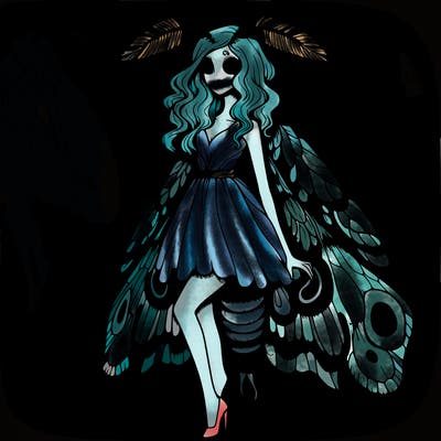 a fantasy art of a moth hybrid human with moth antennas and wings that is a deaths-head moth with a nice chest and rear and skinny that is a girl and have human form but just antennas and wings and a dress and a human head and body and long long long hair