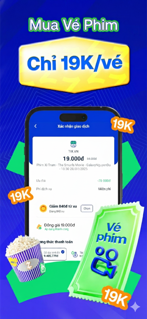 Zalopay app screen showing a movie ticket booking confirmation for 19,000 VND.