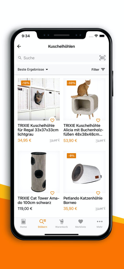 Lista de produtos do aplicativo ZOOLOGO mostrando várias camas e móveis para gatos com preços e descontos