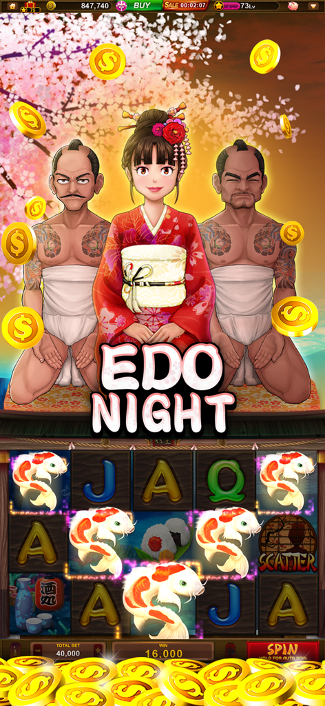 Galaxy Casino - Slots game - Máquina tragamonedas temática Edo Night en la aplicación Galaxy Casino con personajes japoneses y símbolos de peces koi