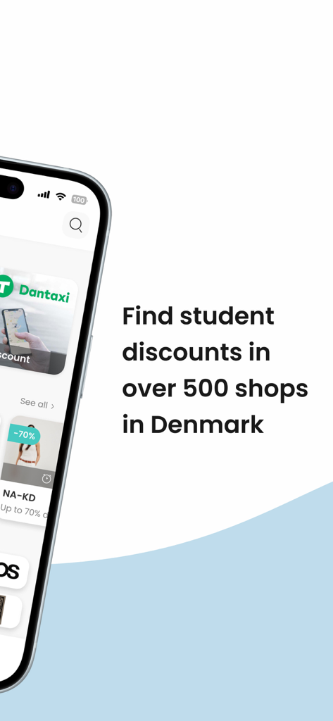 Studiz USA - 다양한 상점에 대한 학생 할인이 있는 Studiz 앱 인터페이스를 보여주는 스마트폰