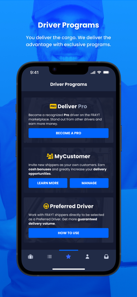 FRAYT Driver - Der Bildschirm "Fahrerprogramme" der FRAYT Fahrer App, der die Optionen "Liefer-Profi", "Mein Kunde" und "Bevorzugter Fahrer" anzeigt