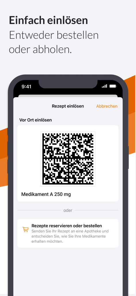 DAK ePA - DAK ePA App-Bildschirm mit einem QR-Code zum Einlösen eines ärztlichen Rezepts für Medikament A 250 mg.