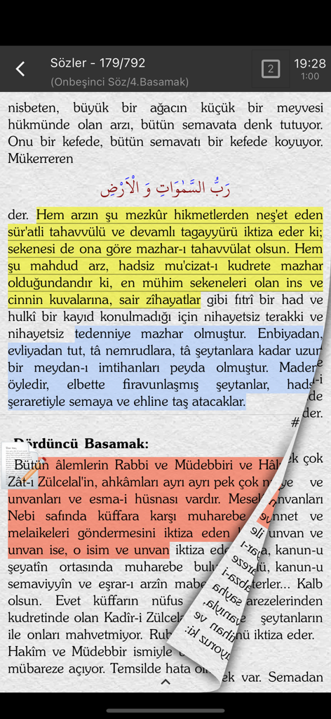 Digital reading interface of the Risale-i Nur app showing highlighted text and a page curl effect