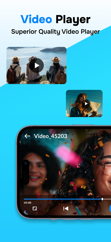 Gallery: Hide Photo Vault - Interfaz de reproductor de vídeo superior mostrando a una mujer celebrando con confeti en una pantalla de iPhone