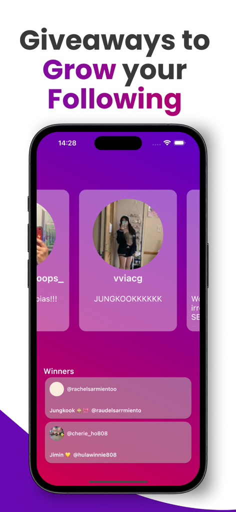 Giveaway for Instagram Post - iPhoneに当選者リストが表示されているGiveaway for Instagram Postアプリのスクリーンショット