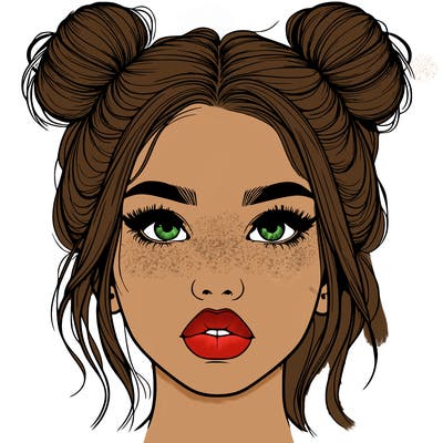 realistic girl with two buns on her hair and lips