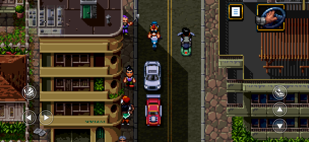 Shakedown: Hawaii - Uma cena de gameplay de pixel art top-down de 16 bits de Shakedown Hawaii mostrando uma rua da cidade com carros e pedestres.