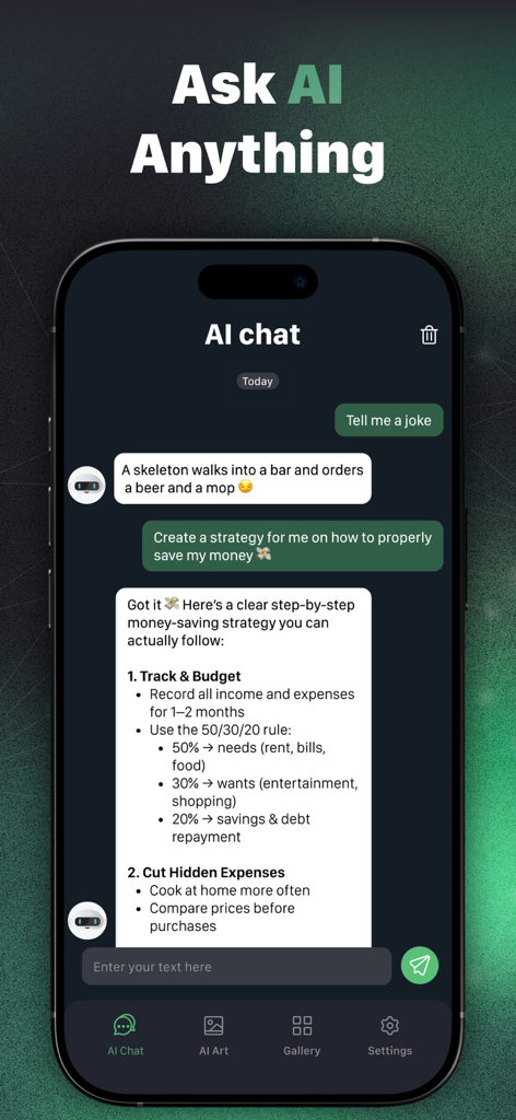 AI Chat 4.0: Open Chatbot 4o - Interfaz de la aplicación AI Chat que muestra una conversación sobre estrategias de ahorro de dinero y una broma