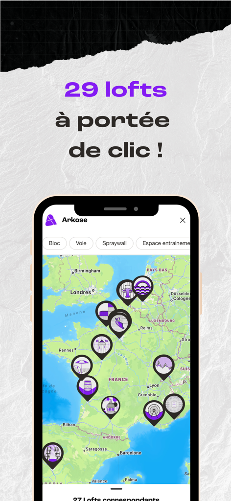 Arkose+ - Map showing Arkose climbing loft locations in the Arkose+ mobile app.