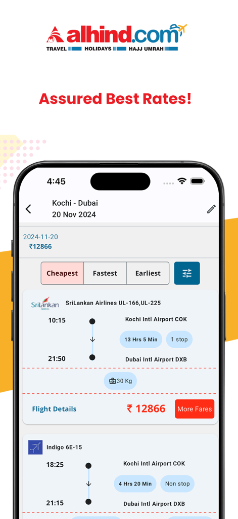 Alhind.com - Screenshot of the Alhind travel app showing flight search results from Kochi to Dubai with airline options and prices