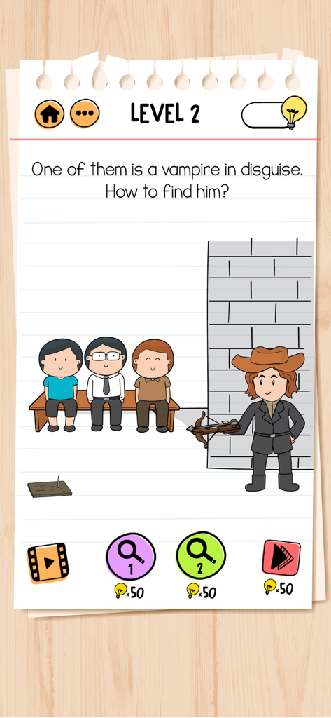 Brain Test 2 tricky puzzle level where players must identify a vampire in disguise among three characters sitting on a bench.