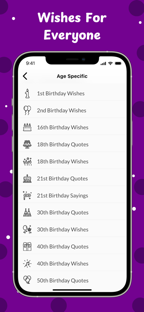 Birthday Wishes, Text Messages - Una pantalla de aplicación móvil que muestra una lista de deseos y citas de cumpleaños categorizadas por edades específicas como el primer, décimo octavo y trigésimo cumpleaños.