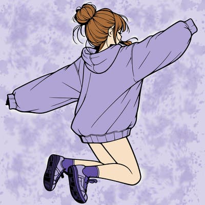 realistic girl jumping with a bun and oversized sweatshirt