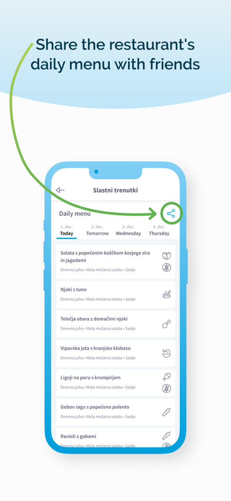 Prehrana - Una pantalla de smartphone que muestra el menú diario de un restaurante en la aplicación Prehrana con un botón de compartir resaltado para enviar a amigos.