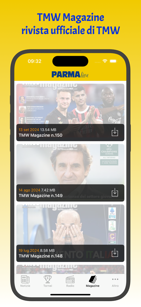 Parma Live app interface showing TMW Magazine issues for download.