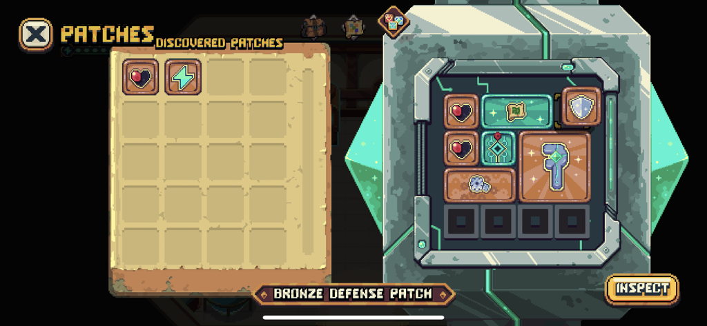 Sparklite - A pixel art interface in Sparklite showing the patches menu where players can equip different ability upgrades on a grid