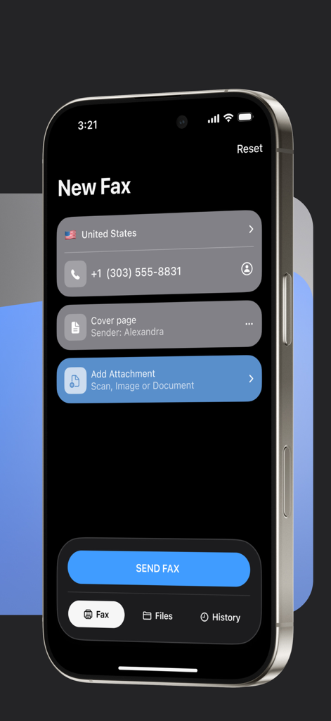 Interface of the mFax app on an iPhone showing the New Fax screen to send documents