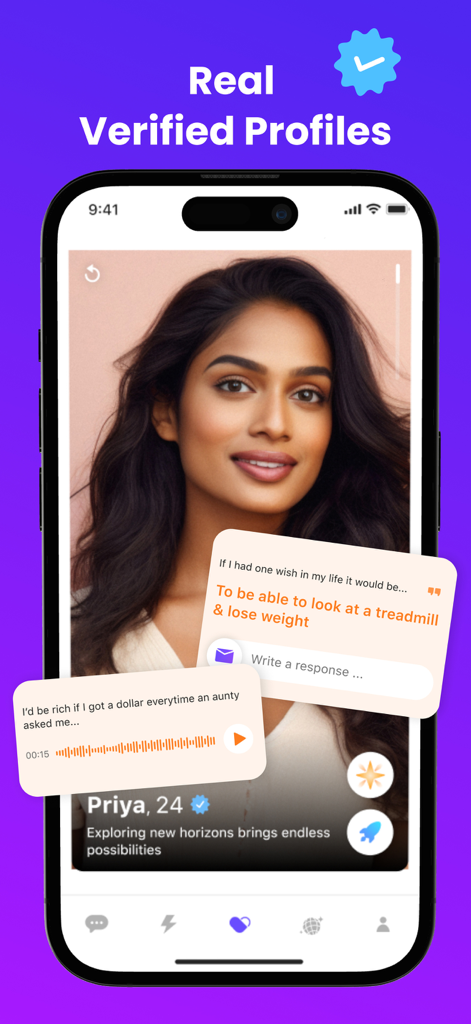 Dil Mil: South Asian Dating - Mobile app interface of Dil Mil showing a verified dating profile of a South Asian woman with bio prompts and voice notes
