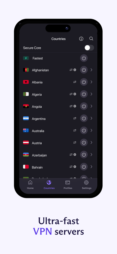 Proton VPN mobile app interface showing a list of global server locations including Albania, Argentina, and Australia