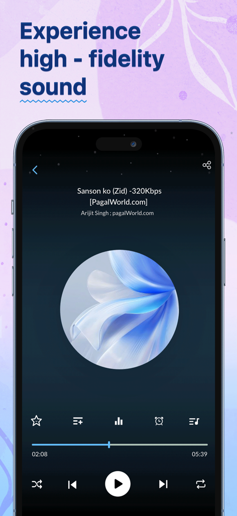 Écran de smartphone montrant l'interface de lecture de musique haute fidélité d'une application de lecteur audio hors ligne