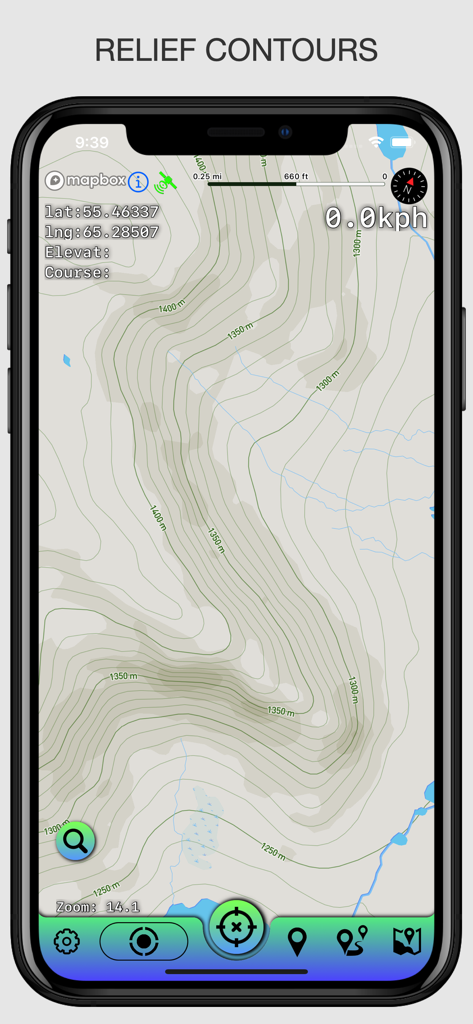Offline Maps: GPS Tracker GPX - Topografische Kartenansicht mit Reliefkonturen und GPS-Koordinaten auf einem Smartphone.
