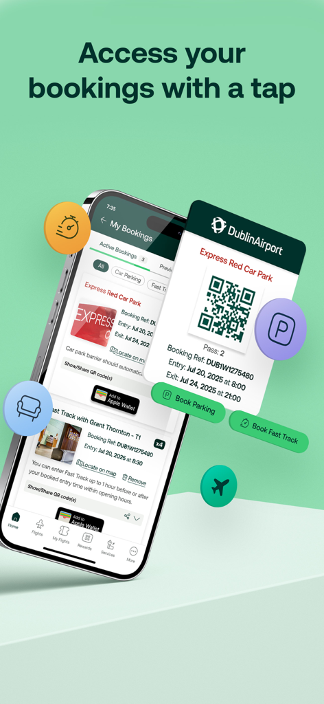 Dublin Airport - Pantalla de la aplicación del Aeropuerto de Dublín que muestra pases de estacionamiento digitales y detalles de reserva de fast track