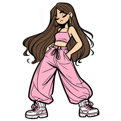 girl in baggy pants crop top and long hair