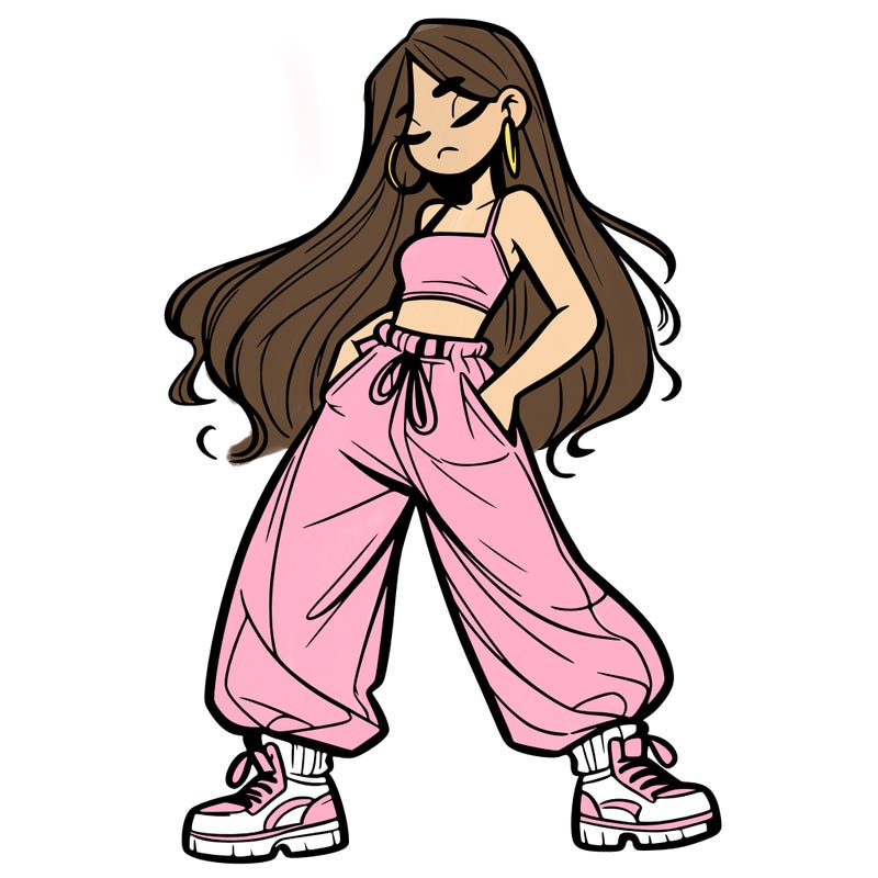girl in baggy pants crop top and long hair