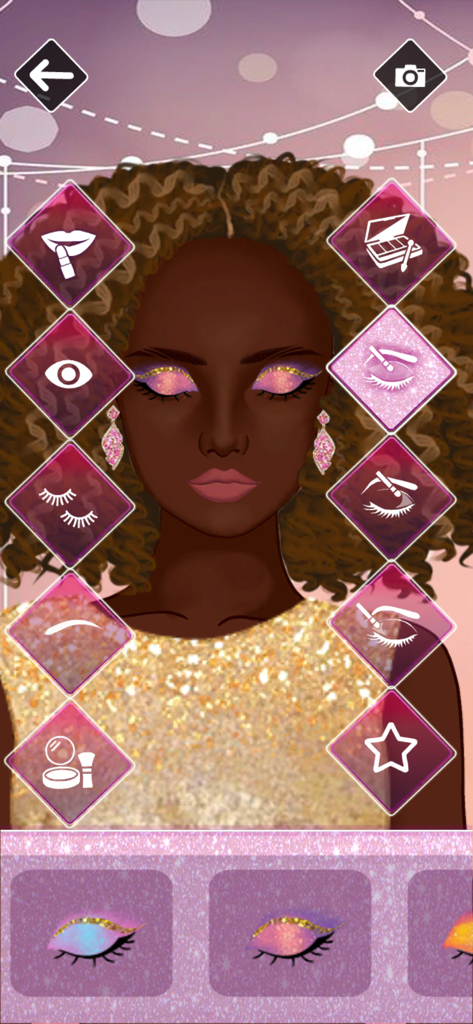 Sparkle Me - Makeover game - Sparkle Meのキャラクターメイクオーバー画面、グリッターのアイメイクオプションと選択アイコンが表示されています