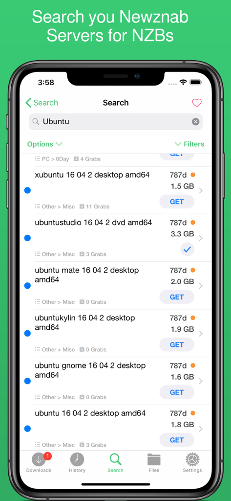 NZBClient app search screen displaying NZB results for Ubuntu from Newznab servers