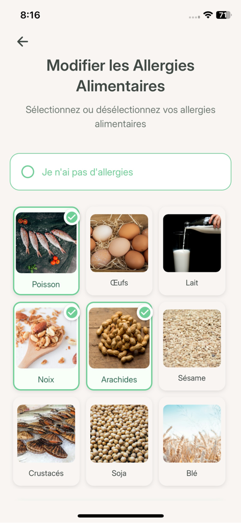 Kook • AI-powered Cooking - A screen in the Kook app for selecting food allergies and dietary restrictions such as nuts and fish.