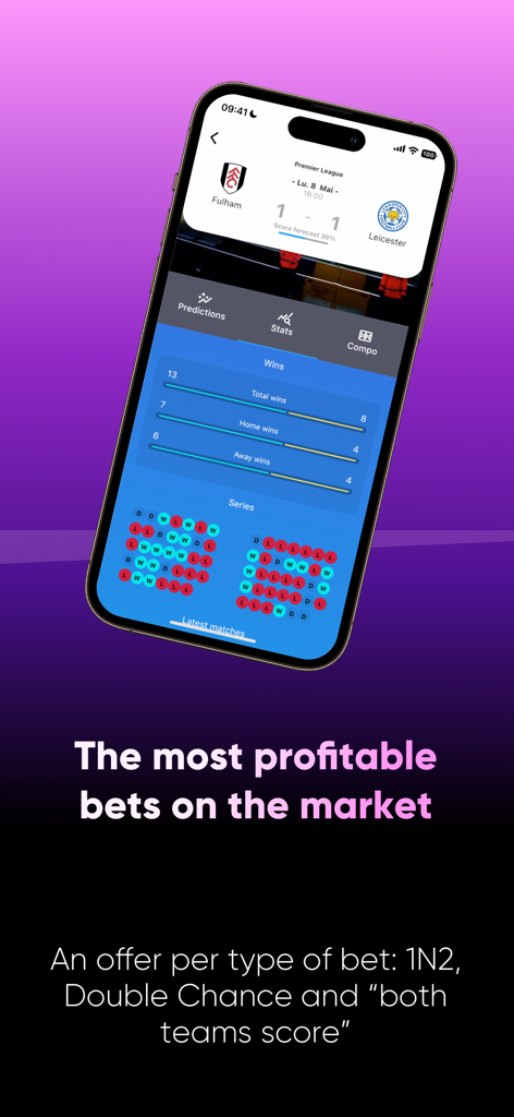 Pronext - Pronext Mobile App Oberfläche, die Fußballspielstatistiken und Wettvorhersagen für Fulham gegen Leicester anzeigt.