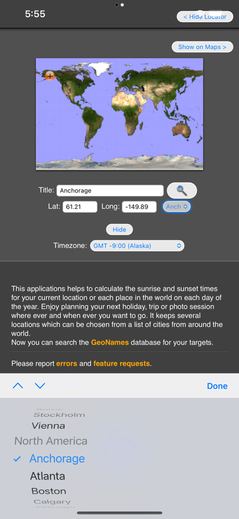 Sunset - Sunset app interface showing world map and location search for Anchorage Alaska