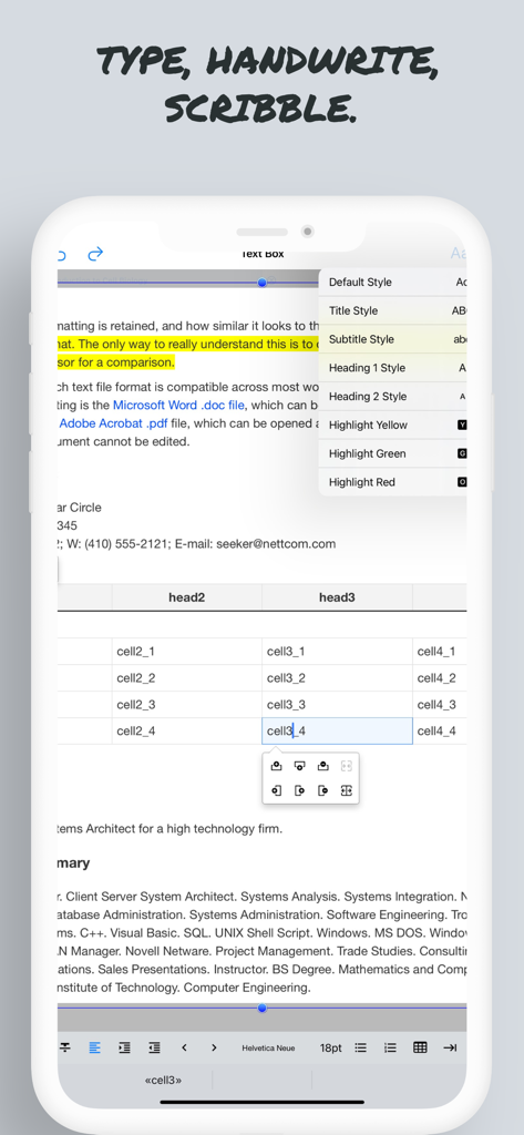 Good PDF Notebookアプリのスクリーンショット。テキスト編集機能、スタイリングオプション、モバイルデバイスでのドキュメントマークアップが表示されています。