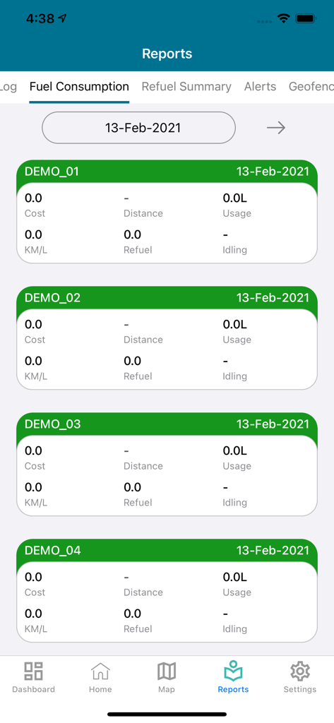 gFleet+ - gfleet plus mobile App zeigt Kraftstoffverbrauchsberichte für eine Flotte von Fahrzeugen an