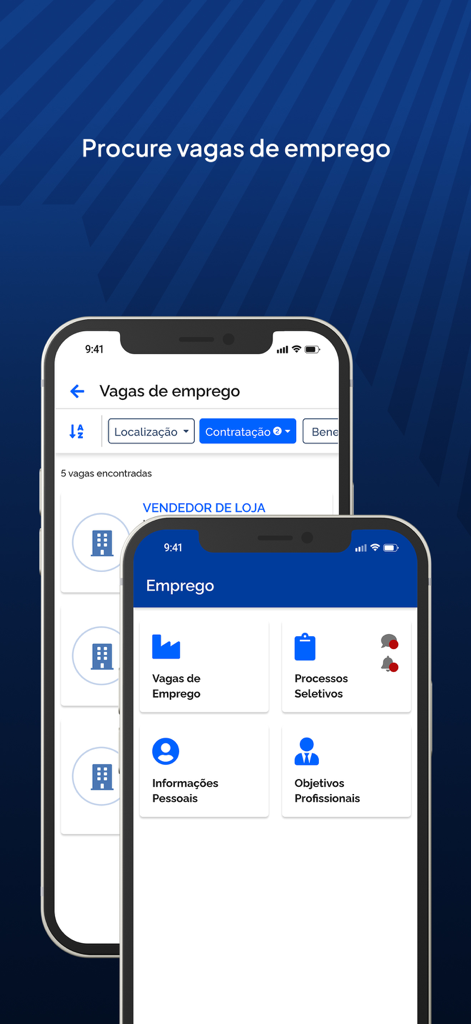 Interface móvel da Carteira de Trabalho Digital mostrando listagens de busca de emprego e opções de perfil profissional