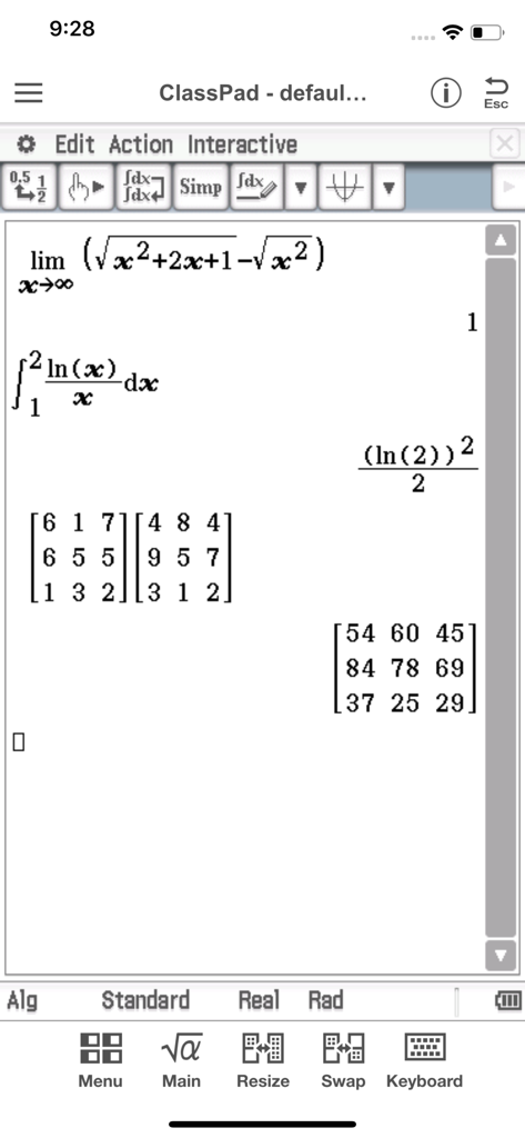 Casio ClassPad mobile application displaying advanced calculus integration and matrix multiplication