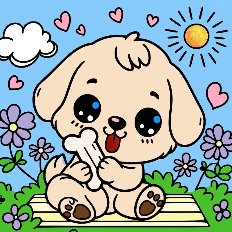 cute puppy playing with bone with a flower background and sun
