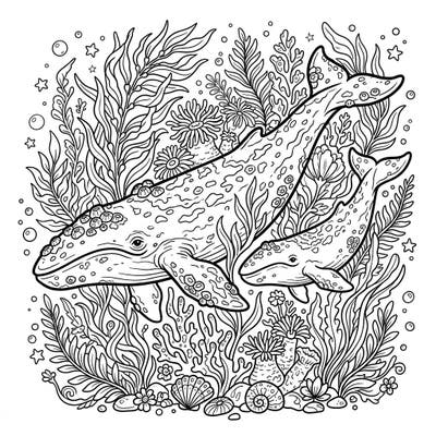 Immerse yourself in the charming blend of rustic tranquility and marine majesty with this delightful gray whale coloring page. Discover a cozy underwater world where an adult gray whale and its calf swim gracefully amidst a lush cottagecore seascape, ready for your creative touch.