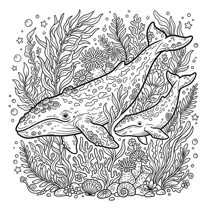 Immerse yourself in the charming blend of rustic tranquility and marine majesty with this delightful gray whale coloring page. Discover a cozy underwater world where an adult gray whale and its calf swim gracefully amidst a lush cottagecore seascape, ready for your creative touch.