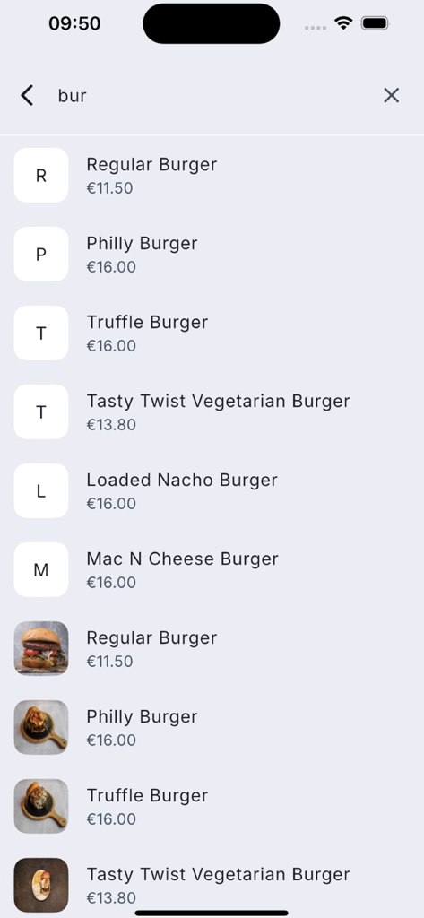 Twine POS - Twine POS app interface showing a list of burger menu items with prices and search functionality