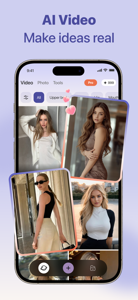 Nebula AI - AI Photo Video - Nebula AI mobile app screen showing AI video creation tools and a gallery of lifestyle images