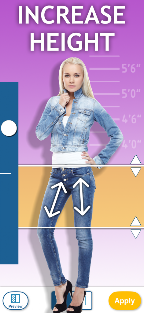 Interface d'une application mobile montrant comment augmenter la taille en allongeant les jambes sur une photo