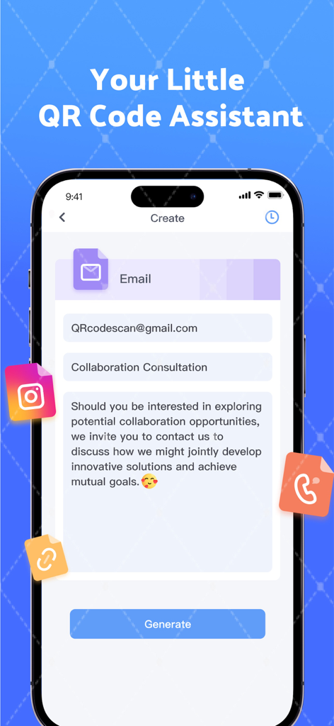 Interfaccia che mostra come creare un codice QR email personalizzato nell'app QR Code Scanner
