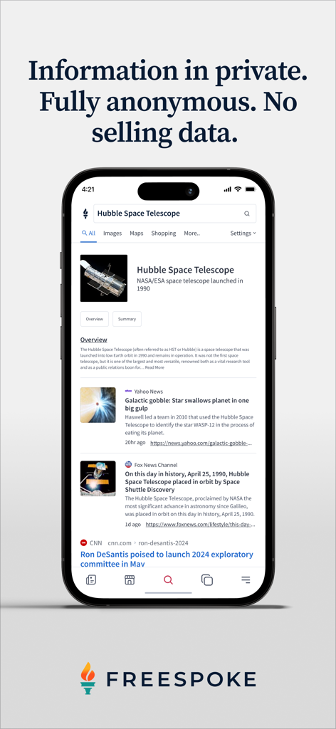 Freespoke - Search & Discovery - A smartphone displaying search results for the Hubble Space Telescope on the Freespoke private search app.
