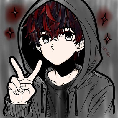 teenage manga boy in a hoodie, doing ✌