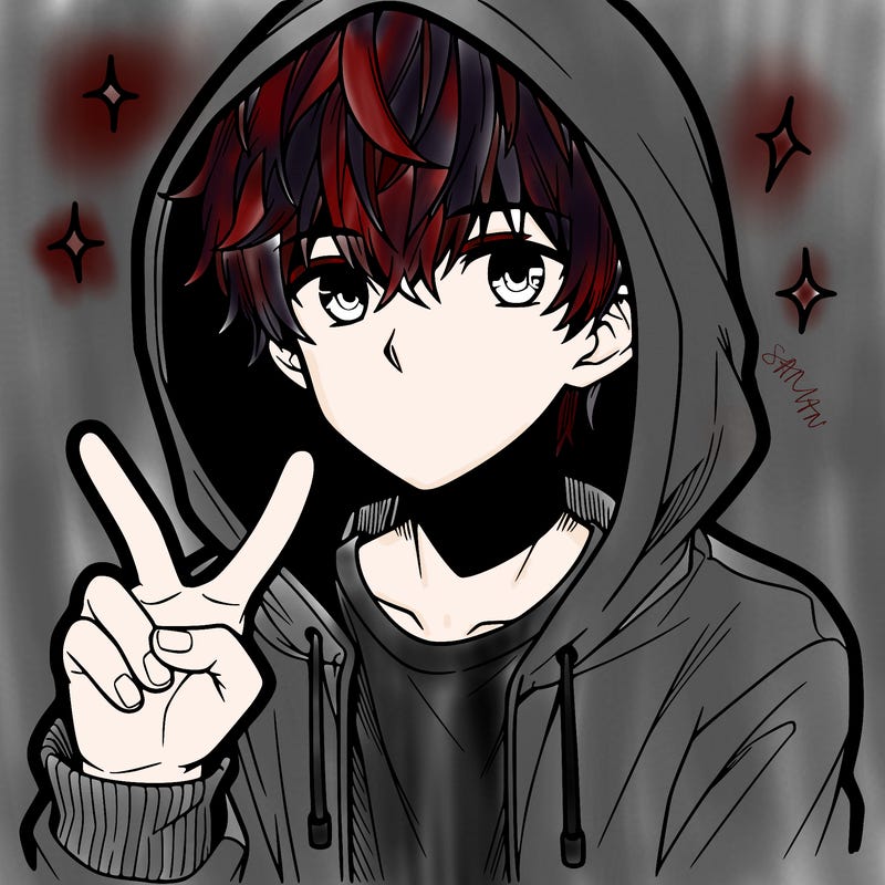 teenage manga boy in a hoodie, doing ✌